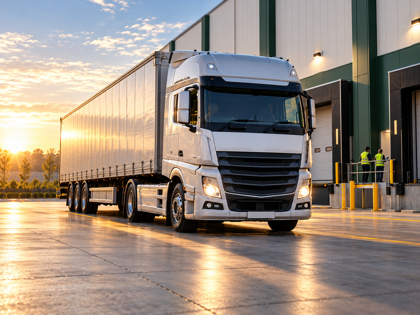 A silver truck beside loading bays at a distribution centre in warm morning light.