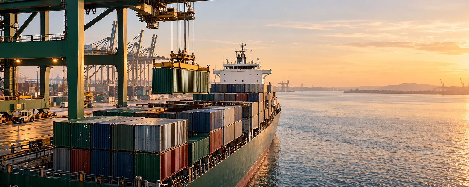 A port crane loading a container onto a cargo ship at sunrise.
