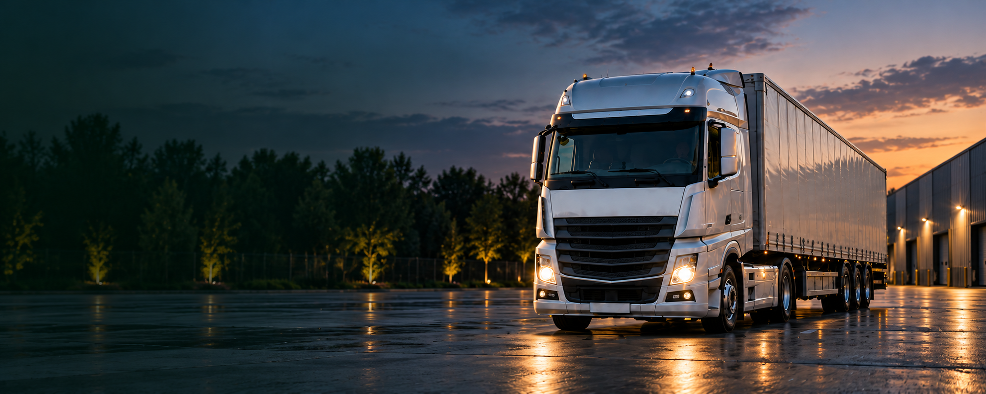 A silver freight truck outside an industrial building at dusk.