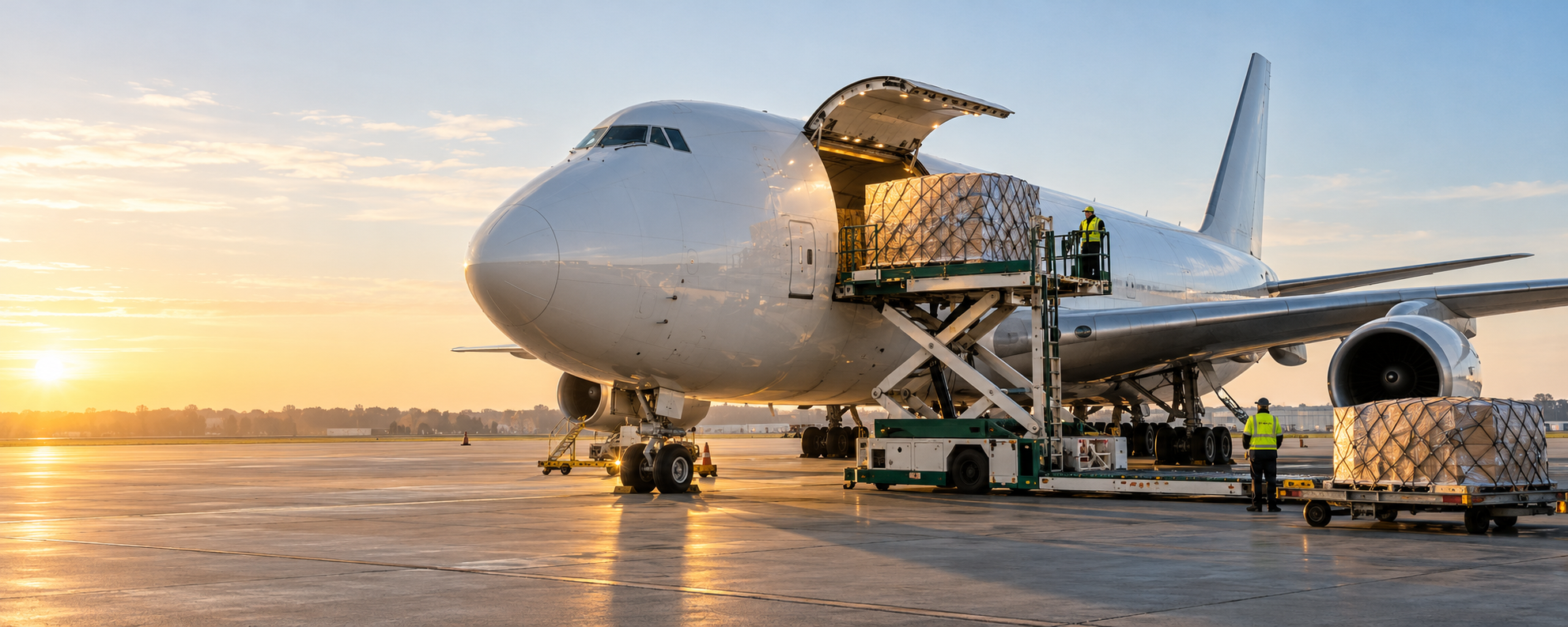 Pallets being loaded into a cargo aircraft on an airport apron at sunrise.